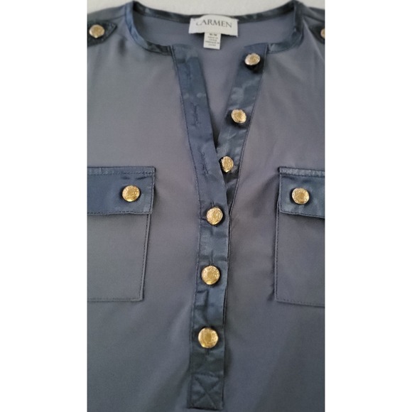 Carmen Marc Valvo Top Womens size M Navy Gold Buttons Patch Pocket Sleeve... - Picture 4 of 8